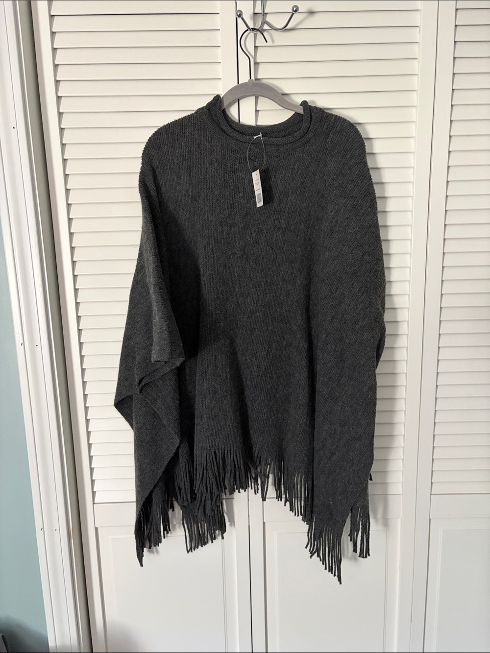 Fringe Hem Poncho Sweater - Dark Charcoal